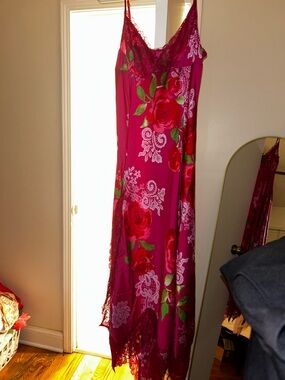 Free People Intimately Fuchsia Pink Floral Lace-Trim Maxi Slip Dress